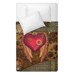 Steampunk Golden Design, Heart With Wings, Clocks And Gears Duvet Cover Double Side (single Size) by FantasyWorld7