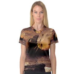 Steampunk Fractalscape, A Ship For All Destinations Women s V-neck Sport Mesh Tee