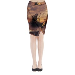 Steampunk Fractalscape, A Ship For All Destinations Midi Wrap Pencil Skirt