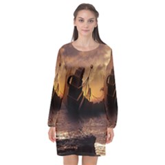 Steampunk Fractalscape, A Ship For All Destinations Long Sleeve Chiffon Shift Dress  by jayaprime