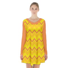 Zigzag (orange And Yellow) Long Sleeve Velvet V-neck Dress