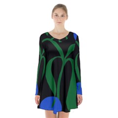 Flower Green Blue Polka Dots Long Sleeve Velvet V-neck Dress