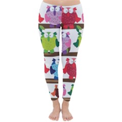 Funny Owls Sitting On A Branch Pattern Postcard Rainbow Classic Winter Leggings by Mariart