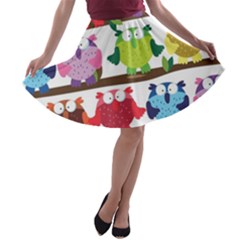 Funny Owls Sitting On A Branch Pattern Postcard Rainbow A-line Skater Skirt by Mariart