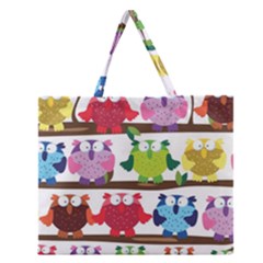 Funny Owls Sitting On A Branch Pattern Postcard Rainbow Zipper Large Tote Bag by Mariart