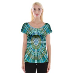 Green Flower Tie Dye Kaleidoscope Opaque Color Cap Sleeve Tops