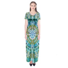 Green Flower Tie Dye Kaleidoscope Opaque Color Short Sleeve Maxi Dress