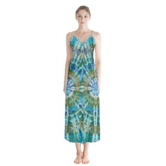 Green Flower Tie Dye Kaleidoscope Opaque Color Button Up Chiffon Maxi Dress