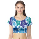 Hibiscus Flowers Green Blue White Hawaiian Short Sleeve Crop Top (Tight Fit) View1