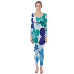 Hibiscus Flowers Green Blue White Hawaiian Long Sleeve Catsuit