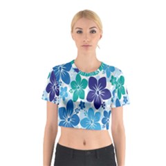 Hibiscus Flowers Green Blue White Hawaiian Cotton Crop Top by Mariart