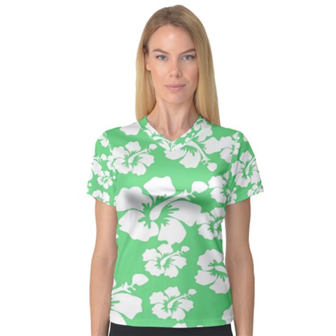 Hibiscus Flowers Green White Hawaiian Women s V-neck Sport Mesh Tee by Mariart