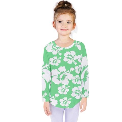 Hibiscus Flowers Green White Hawaiian Kids  Long Sleeve Tee by Mariart