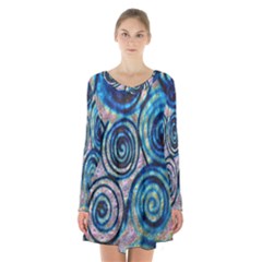 Green Blue Circle Tie Dye Kaleidoscope Opaque Color Long Sleeve Velvet V-neck Dress