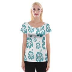 Hibiscus Flowers Green White Hawaiian Blue Cap Sleeve Tops