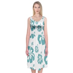 Hibiscus Flowers Green White Hawaiian Blue Midi Sleeveless Dress