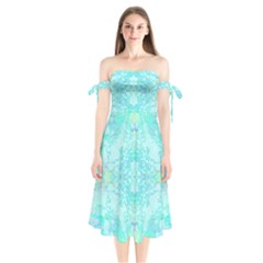 Green Tie Dye Kaleidoscope Opaque Color Shoulder Tie Bardot Midi Dress