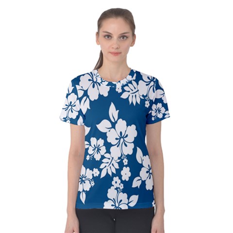 Hibiscus Flowers Seamless Blue White Hawaiian Women s Cotton Tee by Mariart