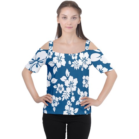 Hibiscus Flowers Seamless Blue White Hawaiian Women s Cutout Shoulder Tee by Mariart