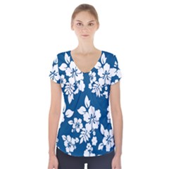 Hibiscus Flowers Seamless Blue White Hawaiian Short Sleeve Front Detail Top by Mariart