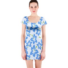 Hibiscus Flowers Seamless Blue Short Sleeve Bodycon Dress by Mariart