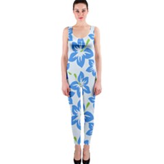 Hibiscus Flowers Seamless Blue Onepiece Catsuit by Mariart