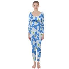 Hibiscus Flowers Seamless Blue Long Sleeve Catsuit by Mariart