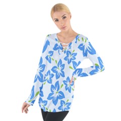 Hibiscus Flowers Seamless Blue Women s Tie Up Tee by Mariart