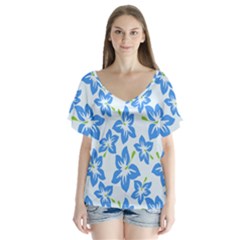 Hibiscus Flowers Seamless Blue Flutter Sleeve Top