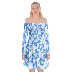 Hibiscus Flowers Seamless Blue Off Shoulder Skater Dress by Mariart
