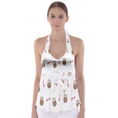 Insulated Owl Tie Bow Scattered Bird Babydoll Tankini Top