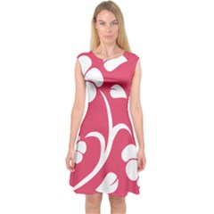 Pink Hawaiian Flower White Capsleeve Midi Dress