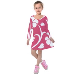 Pink Hawaiian Flower White Kids  Long Sleeve Velvet Dress