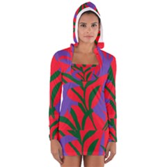 Purple Flower Red Background Women s Long Sleeve Hooded T-shirt by Mariart