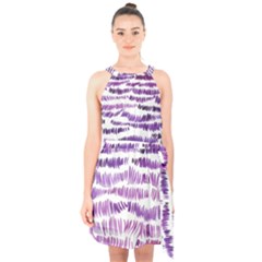 Original Feather Opaque Color Purple Halter Collar Waist Tie Chiffon Dress