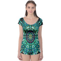 Peacock Throne Flower Green Tie Dye Kaleidoscope Opaque Color Boyleg Leotard 