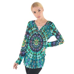 Peacock Throne Flower Green Tie Dye Kaleidoscope Opaque Color Women s Tie Up Tee by Mariart