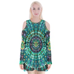 Peacock Throne Flower Green Tie Dye Kaleidoscope Opaque Color Velvet Long Sleeve Shoulder Cutout Dress by Mariart