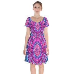 Red Blue Tie Dye Kaleidoscope Opaque Color Circle Short Sleeve Bardot Dress by Mariart