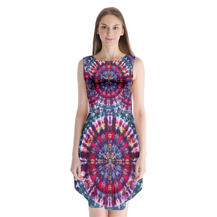 Red Purple Tie Dye Kaleidoscope Opaque Color Sleeveless Chiffon Dress  