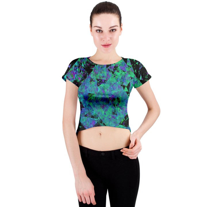 Blue And Green Tiles on black background Crew Neck Crop Top