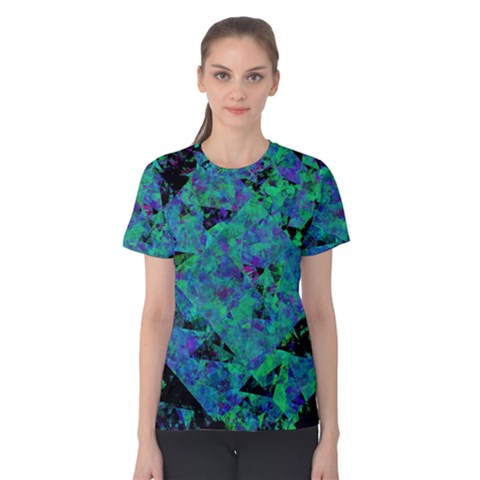 Blue And Green Tiles On Black Background Women s Cotton Tee by traceyleeartdesigns