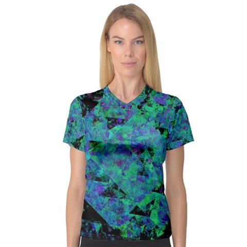 Blue And Green Tiles On Black Background Women s V-neck Sport Mesh Tee by traceyleeartdesigns
