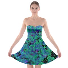 Blue And Green Tiles On Black Background Strapless Bra Top Dress by traceyleeartdesigns