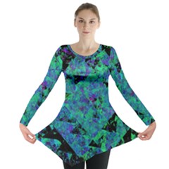 Blue And Green Tiles On Black Background Long Sleeve Tunic  by traceyleeartdesigns