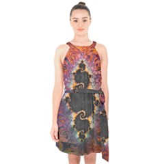 The Eye Of Julia, A Rainbow Fractal Paint Swirl Halter Collar Waist Tie Chiffon Dress by jayaprime