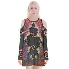 The Eye Of Julia, A Rainbow Fractal Paint Swirl Velvet Long Sleeve Shoulder Cutout Dress by jayaprime