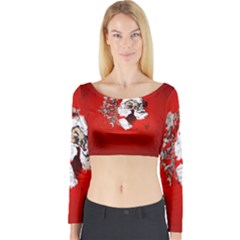 Funny Santa Claus  On Red Background Long Sleeve Crop Top by FantasyWorld7
