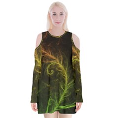 Fractal Hybrid Of Guzmania Tuti Fruitti And Ferns Velvet Long Sleeve Shoulder Cutout Dress by jayaprime