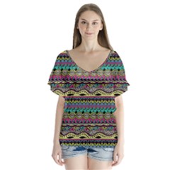 Aztec Pattern Cool Colors Flutter Sleeve Top